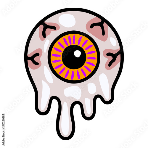 Spooky Halloween vector illustration of a melting eyeball with orange and purple iris, featuring a unique dripping effect and bold black outlines.