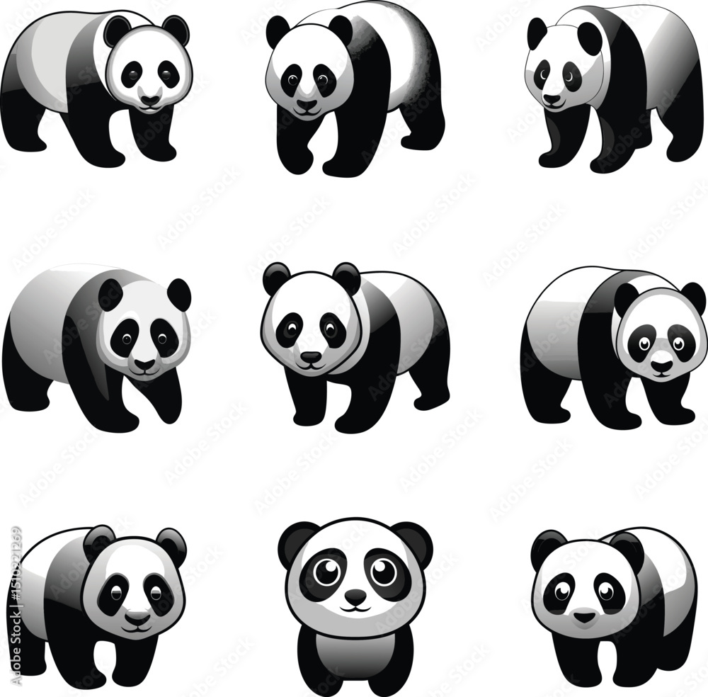 Nine adorable panda bear illustrations set Nine adorable panda bear illustrations set