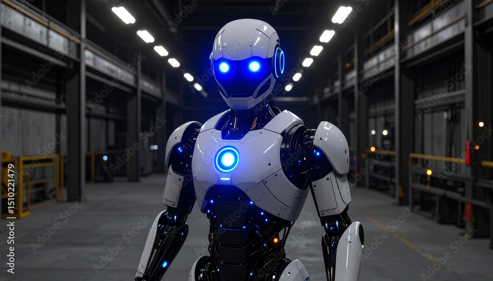 3D render of futuristic robot with glowing blue eyes in dark industrial environment 3D render of futuristic robot with glowing blue eyes in dark industrial environment