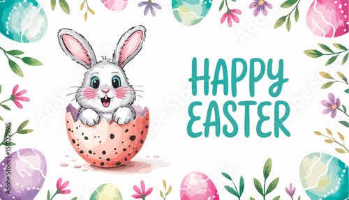Happy Easter Greeting Card with Cute Bunny in Egg