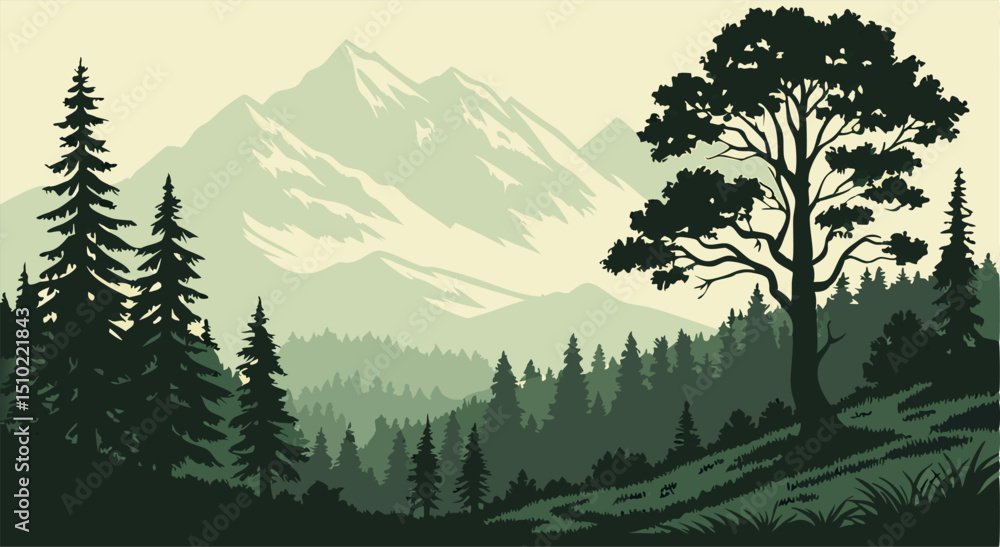 Fototapeta premium Mountain Landscape Silhouette: Green Forest, Trees, and Peaks