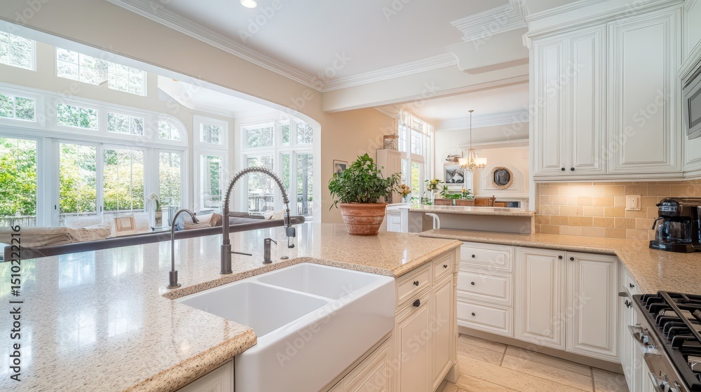 A spacious kitchen sink with dual faucets, one for rinsing and one for dishwashing, set in a clean, modern kitchen with white cabinetry and ample counter space A spacious kitchen sink with dual faucets, one for rinsing and one for dishwashing, set in a clean, modern kitchen with white cabinetry and ample counter space