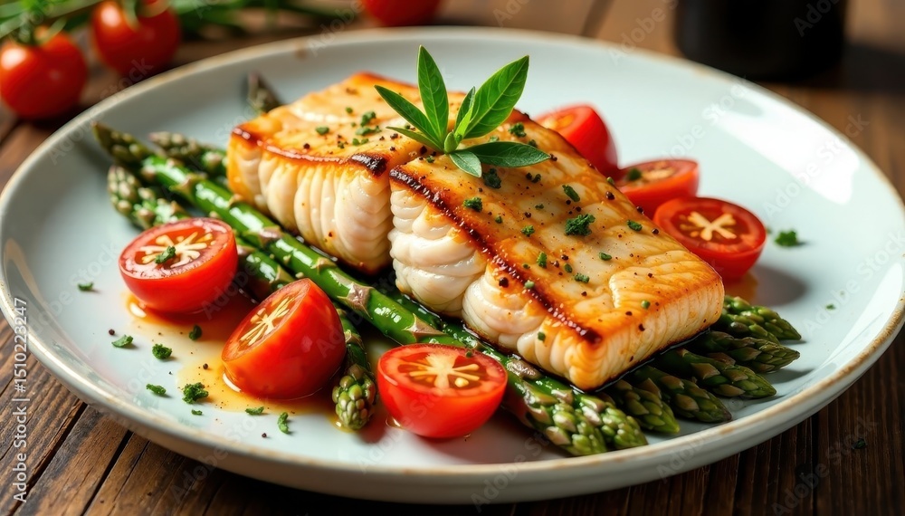 Grilled salmon served atop a bed of roasted asparagus and fresh tomatoes with sprigs of rosemary , asparagus, Baked salmon, food Grilled salmon served atop a bed of roasted asparagus and fresh tomatoes with sprigs of rosemary , asparagus, Baked salmon, food