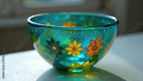 Wallpaper Mural Hand-painted glass bowl with vibrant geometric designs in shades of blue and green, blue, decorative, color Torontodigital.ca
