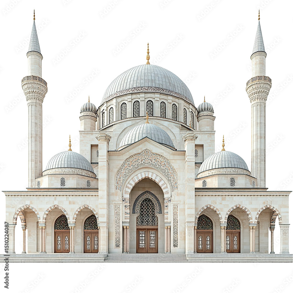 Fototapeta premium Front view of the Nizamiye Mosque isolated on a white transparent background