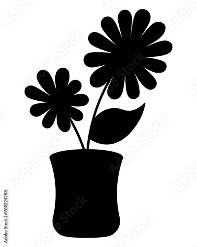 Houseplant. Black silhouette. Flower in a pot with inflorescences and large leaves. Vector illustration. Isolated white background. Idea for web design