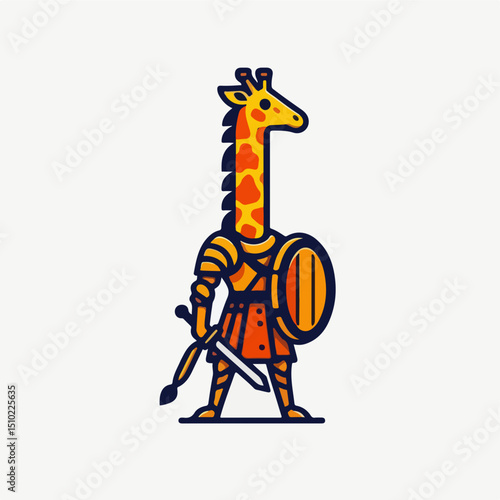 Giraffe Knight: A whimsical illustration of a giraffe warrior, clad in shining armor, brandishing a sword and shield, stands defiantly.