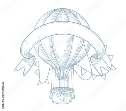 Vector illustration of hot air Balloon with ribbon banner and festive bunting for baby shower invitations or newborn greeting cards. Linear drawing of aircraft for childish nursery design.