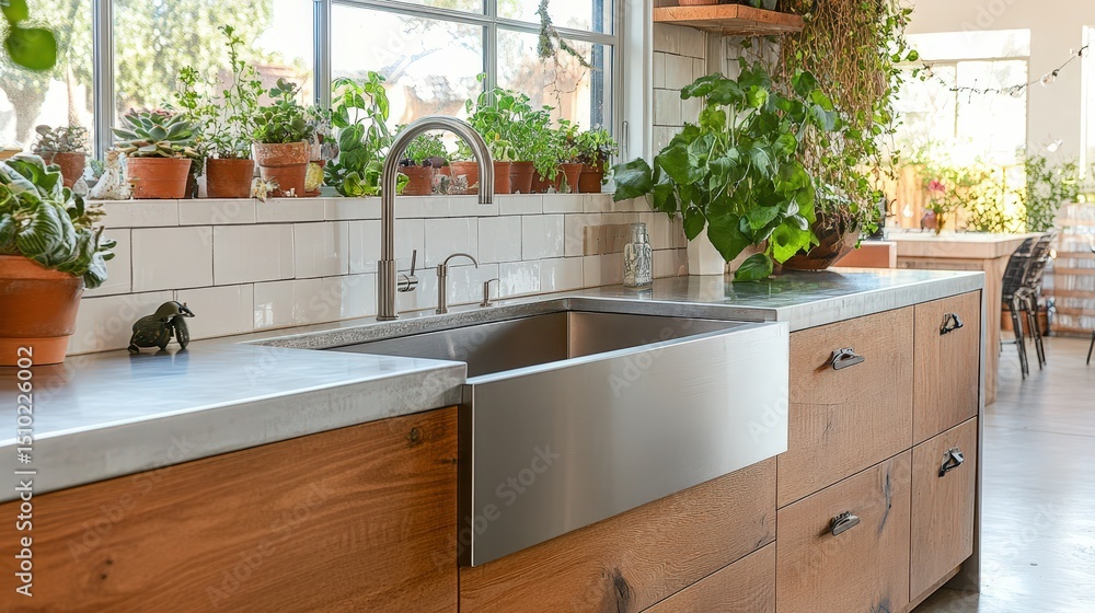 Fototapeta premium A stainless steel farmhouse sink with a wide basin, complemented by wooden cabinetry and hanging plants, bringing a cozy and natural vibe to the kitchen