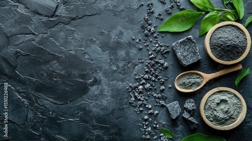 Dark stone spa products arranged on a textured surface.
