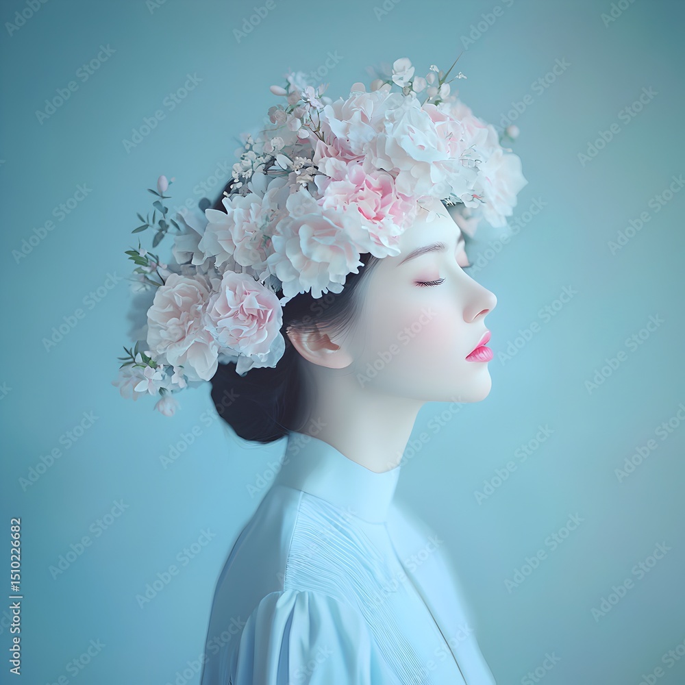 Photo of a Woman Wearing a Floral Headpiece in Profile with Eyes Closed in Peaceful Expression Photo of a Woman Wearing a Floral Headpiece in Profile with Eyes Closed in Peaceful Expression