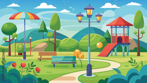 Cartoon Landscape Park Scene with Bench, Gazebo, Trees, Flowers, and Path Vector
