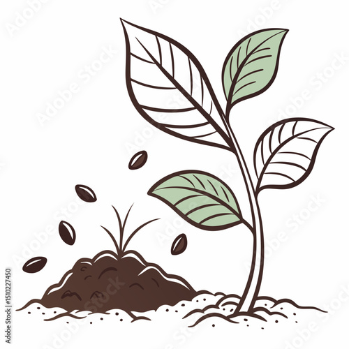 Sprout emerging from soil with leaves and seeds, symbolizing growth and renewal