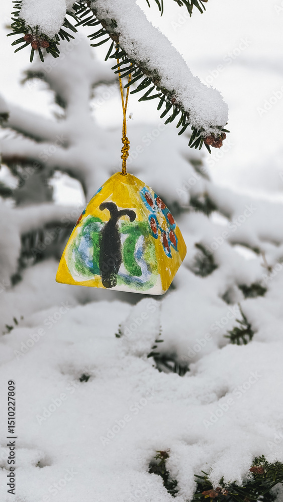 Naklejka premium Colorful hand-painted triangular ornament hanging on snowy branch. Winter scenery with snow-covered evergreen.