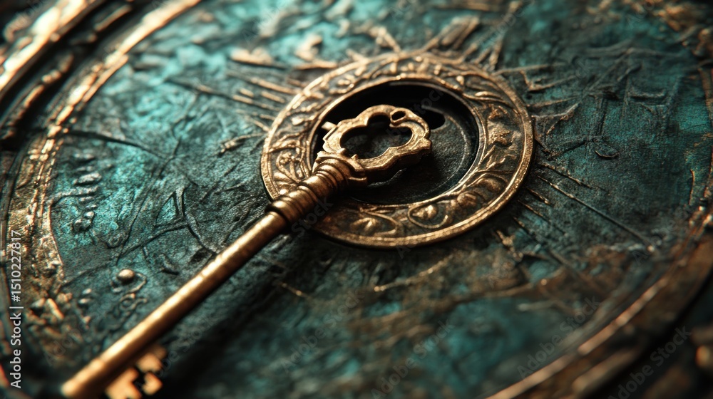 Obraz premium Ornate antique key on decorative metal disc. Intricate carvings, teal-green patina, golden key