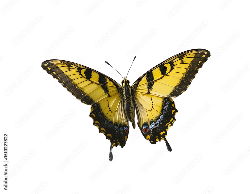 Fototapeta premium Yellow swallowtail butterfly mid-air, clear background.
