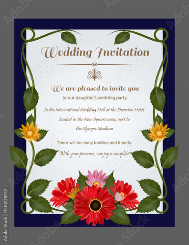 Beautiful wedding invitation card layout design vector surrounded by realistic flowers on blue white background