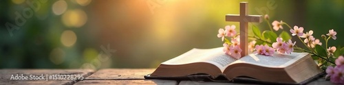 A serene image depicting a softly lit cross, delicate flowers, and a Bible, evoking peace and faith Perfect for Easter, religious events, or inspirational projects , delicate, flowers, bible verse