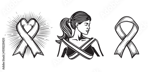 Girl and Awareness band icon in doodle sketch lines. Aids HIV breast cancer healthcare medical