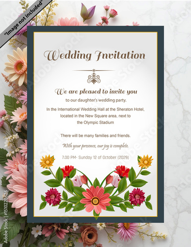 Wonderful wedding invitation card template design vector inlaid with realistic flowers on blue white background