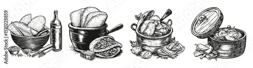 Various Types of Bread and Accompaniments in Sketch Style