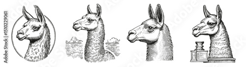 Vintage Illustrations of Llama Profiles in Detailed Engravings, Logo Design, Hand drawing Engraving, Vector Illustration Isolated Object