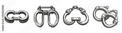Vintage Handcuffs Collection Engraving for Law Enforcement Theme, Logo Design, Hand drawing Engraving, Vector Illustration Isolated Object