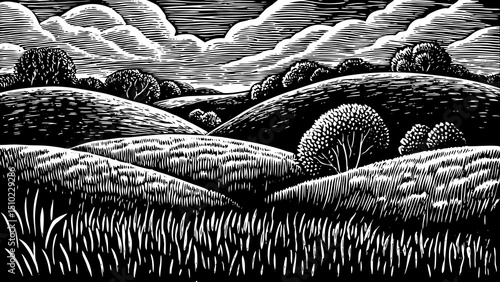 Amazing Green grass field on small hills. Meadow, alkali, lye, grassland, pommel, lea, pasturage, farm hand drawn black and white sketch outline