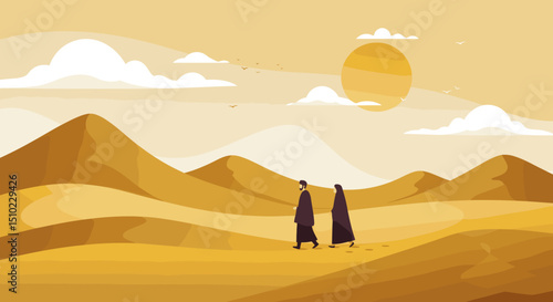 Two individuals, both dressed in white Ihram clothing, are walking together through a desert landscape, possibly during the Hajj pilgrimage in Saudi Arabia.