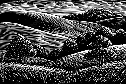 Amazing Green grass field on small hills. Meadow, alkali, lye, grassland, pommel, lea, pasturage, farm hand drawn black and white sketch outline