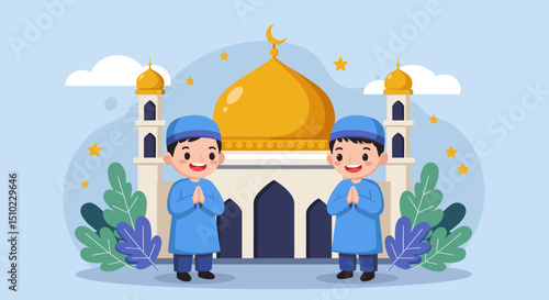 Two children are standing in front of a mosque in a landscape filled with rolling hills and a bright sun. The image is colorful and cheerful, representing innocence and the spirit of Islamic tradition