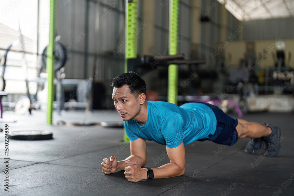 Fototapeta premium Fitness: Man Performing Plank Exercise in Gym