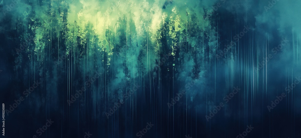 Abstract digital art with green and blue hues creating a mystical forest atmosphere Abstract digital art with green and blue hues creating a mystical forest atmosphere