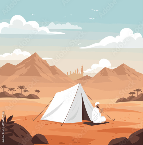 A desert scene with numerous white tents set up, probably for Hajj. The landscape features mountains in the distance, and a few sheep are grazing.