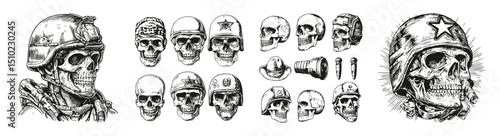 Detailed Vintage Skull Illustrations with Military Headgear and Accents, vector illustration, engraving design, logo design set, black and white line, template design element