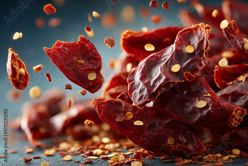 Dried red chili pepper pieces flying in the air on a white background