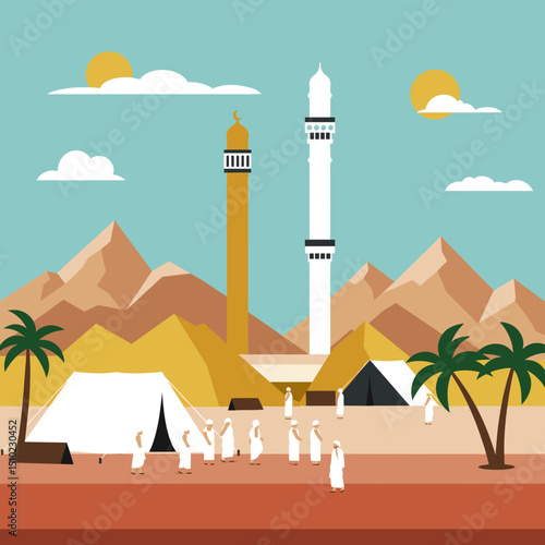 A desert scene with numerous white tents set up, probably for Hajj. The landscape features mountains in the distance, and a few sheep are grazing.