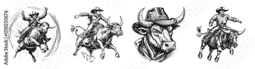 Vintage Rider Illustrations with Bull Horns and Cowboy Themes, vector illustration, engraving design, logo design set, black and white line, template design element