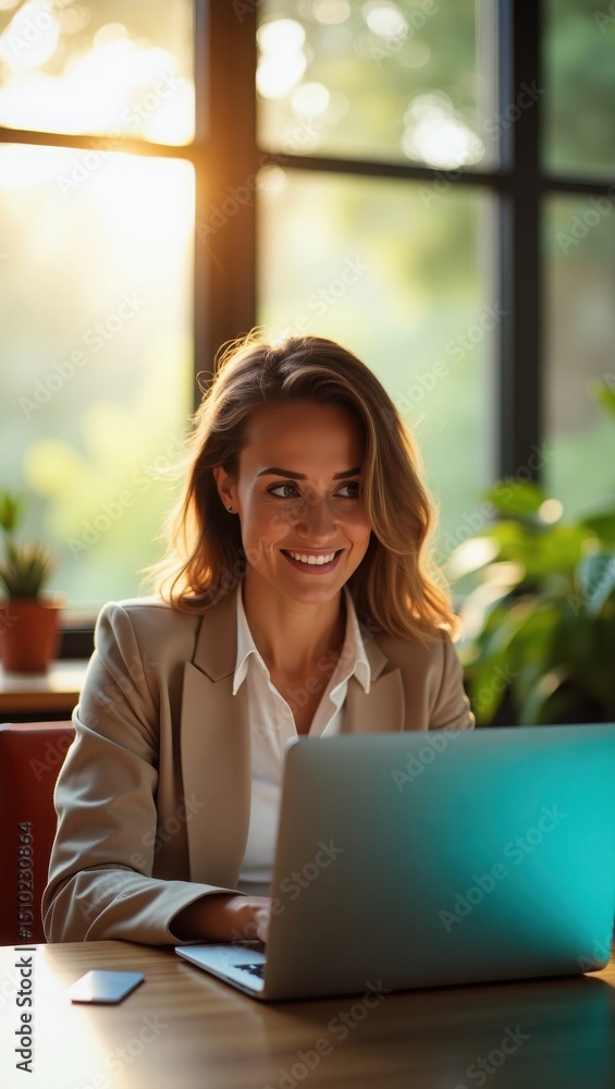 Confident female entrepreneur smiling at laptop in sunlit modern office, surrounded by greenery and natural light, representing success and positivity. Confident female entrepreneur smiling at laptop in sunlit modern office, surrounded by greenery and natural light, representing success and positivity.