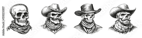 Vintage Skull Cowboy Illustrations with Bandanas and Hats, vector illustration, engraving design, logo design set, black and white line, template design element