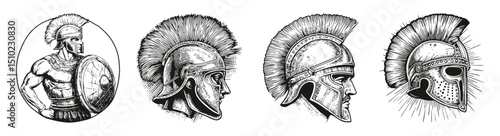 Detailed Illustration of Ancient Gladiators and Spartan Warriors, vector illustration, engraving design, logo design set, black and white line, template design element