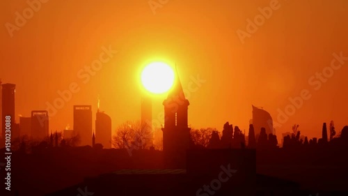 The scorching sun in the city on a day of extreme heat, the product of a heat wave caused by climate change.
