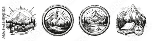 Vintage Mountain Logo with Compass and Outdoor Adventure Elements, vector illustration, engraving design, logo design set, black and white line, template design element