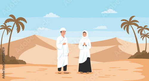 Two people, a man and a woman, are walking side by side in the desert, wearing traditional white Hajj clothing. They appear to be walking toward a sacred destination.