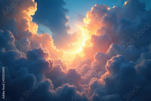 A majestic, ethereal light emanating from swirling clouds, symbolizing divine power and celestial glory Perfect for religious, spiritual, or fantasy themes , divine being, afterlife, god