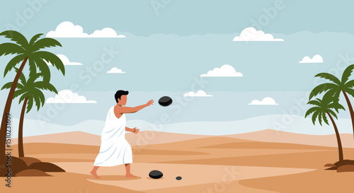 A person is performing the ritual of "Ramī al-Jamarāt" (stoning of the devil) during Hajj. The stone structure is depicted with a person throwing stones towards it in a desert-like setting.