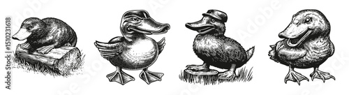 Vintage Illustrations of Whimsical Cartoon Ducks and Platypus, vector illustration, engraving design, logo design set, black and white line