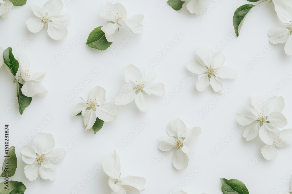 Naklejka premium White apple blossom petals and fresh green leaves scattered on a bright minimal background for natural springtime beauty concepts
