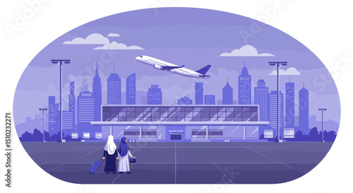  A couple is preparing to embark on their pilgrimage to Mecca for Hajj, showing the readiness and anticipation of the sacred journey.