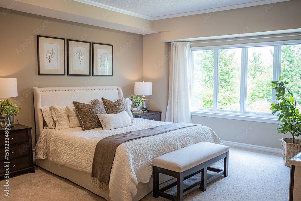 Neutral bedroom using marble shelf for decor Neutral bedroom using marble shelf for decor